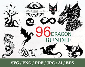 96 Dragon SVG Bundle | Dragon Cut File | Dragon Clipart | Dragon Silhouette | Dragons Head | Dragon PNG | Dragon Tattoo | Dungeon Master Svg