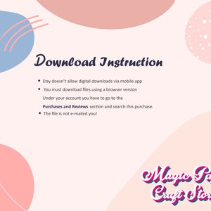 May include: Pink and blue abstract shapes with white polka dots on a white background. Text reads "Download Instruction" with bullet points explaining how to download digital files from Etsy. The text also includes the phrase "Purchases and Reviews". The bottom of the image reads "Magic Paper Craft Store" in a pink and blue font.