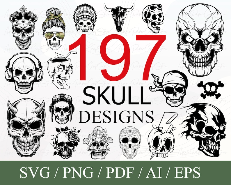 Op de afbeelding: Een verzameling van 197 zwart-witte schedelontwerpen in verschillende stijlen. De ontwerpen omvatten schedels met kronen, bandana's en andere accessoires. De tekst "SVG/PNG/PDF/AI/EPS" staat onderaan de afbeelding.