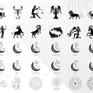 May include: Black and white illustrations of the zodiac signs, including the symbols for each sign, the names of the signs, and floral accents. The signs are arranged in a grid pattern.