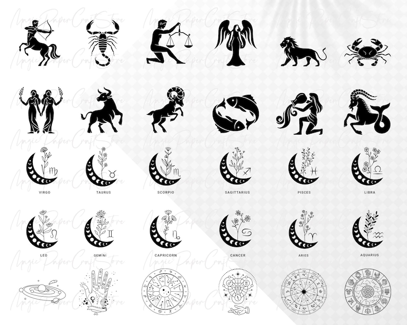 May include: Black and white illustrations of the zodiac signs, including the symbols for each sign, the names of the signs, and floral accents. The signs are arranged in a grid pattern.