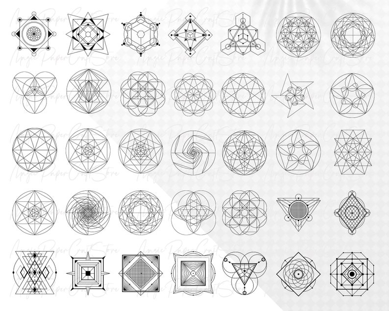 K&ouml;nnte beinhalten: Ein Satz von 36 geometrischen Formen in Schwarzwei&szlig;, darunter Kreise, Quadrate, Dreiecke und Sterne. Die Formen sind alle schwarz umrandet und haben eine Vielzahl von komplizierten Designs.