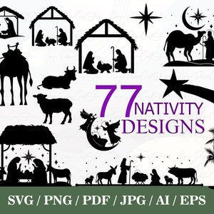 Pakiet sylwetki Narodzenia Pańskiego SVG | Scena Narodzenia Pańskiego Svg | Scena Narodzenia Pańskiego Vintage | Clipart Święta Noc | Cicha Noc Svg | Plik Cięcia Narodzenia Pańskiego