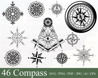 46 Compass SVG Bundle, Compass Svg, Nautical compass Svg, Compass Rose Svg, Cricut, Silhouette, Cut File, Compass PNG, Compass Star Svg