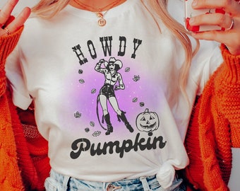 Howdy Kürbis Western Halloween Shirt, Cowgirl Tshirt, Halloween Shirt, süßes Herbst T Shirt, Herbst Bekleidung, Vintage T-Shirt, Retro Grafik Tee
