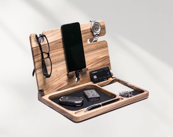Wooden Smartphone Stand, Watch and Glasses Holder, Desktop Organizer, Walnut Wood, Gift for Loved Ones