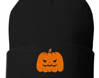 Gemene pompoen geborduurde muts met omslag | Spookachtige Jack-o'-lantern gebreide wintermuts