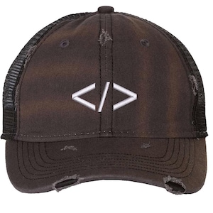 Programming Symbol Distressed Trucker Hat | Minimalist Coder Embroidered Mesh Back Cap