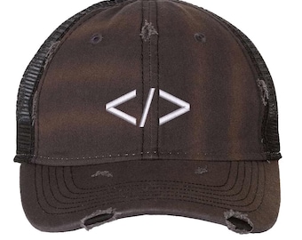 Programming Symbol Distressed Trucker Hat | Minimalist Coder Embroidered Mesh Back Cap