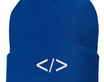 Programming Symbol Embroidered Cuffed Beanie | Minimalist Coder Knit Winter Hat