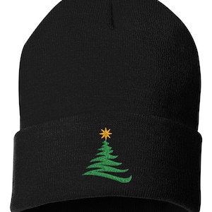 Weihnachtsbaum gestickte Cuffed Beanie, Feiertagsmütze, Weihnachtsmütze, festliche Cuffed Beanie