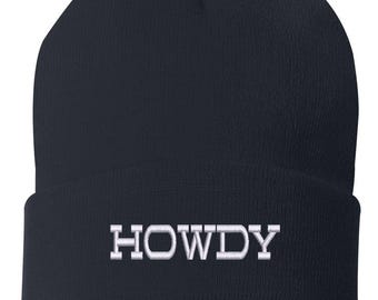 Howdy Western Embroidered Cuffed Beanie | Western Cowgirl Knit Winter Hat