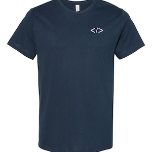 May include: A dark navy blue short-sleeved t-shirt featuring a small white graphic of the code tag symbol < /> positioned on the upper left chest area. The garment has a classic crew neckline and a simple, clean design throughout the front.