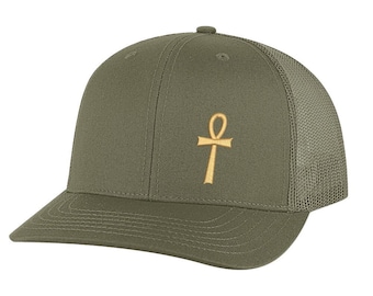 Ankh Trucker Hat - Gold Embroidered Cross of Life Snapback Mesh Cap