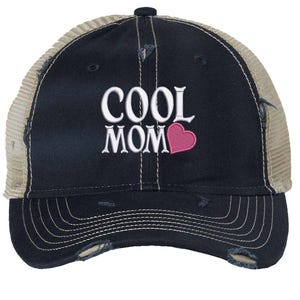 Cool Mom Heart Distressed Trucker Hat | Motherhood Embroidered Mesh Back Cap