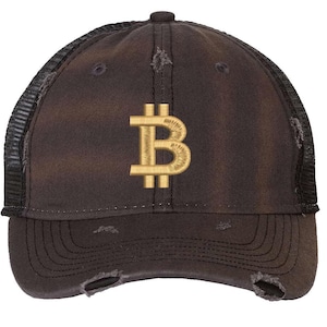 Bitcoin BTC Logo Distressed Trucker Hat | Crypto Investor Embroidered Mesh Back Cap