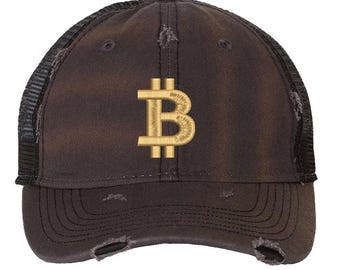 Bitcoin BTC Logo Distressed Trucker Hat | Crypto Investor Embroidered Mesh Back Cap
