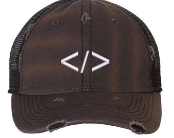 Programming Symbol Distressed Trucker Hat | Minimalist Coder Embroidered Mesh Back Cap