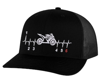 Motorcycle Trucker Hat - Mesh Snapback Street Bike Heartbeat Embroidered Cap