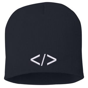 Gorro de malha minimalista para programadores com bordado de símbolos de programação |
