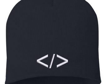 Programming Symbol Embroidered Beanie | Minimalist Coder Knit Winter Hat