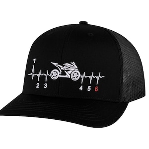 Motorcycle Trucker Hat - Mesh Snapback Street Bike Heartbeat Embroidered Cap