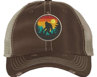 Distressed Bigfoot Trucker Hat - Embroidered Sasquatch Cap for Hikers And Outdoorsmen