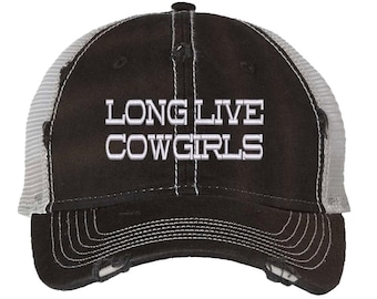 Long Lived Cowgirls Distressed Trucker Hat | Western Cowgirl Embroidered Mesh Back Cap