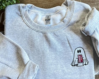 cherry coke ghost sweatshirt, coke crewneck, I need a cherry coke, funny ghost, spooky, halloween sweater, embroidered, pop soda cola drink