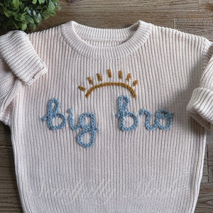 Personalized Knit Sweater, Name Sweater, Hand Embroidered Baby Name Sweater, Big Bro Lil Bro, Little Brother, Birthday Custom Baby Gift