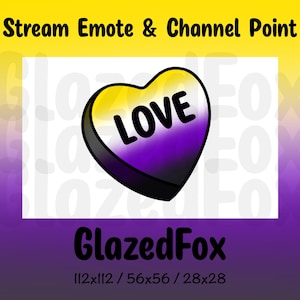 May include: A digital graphic featuring a heart-shaped candy with a yellow and purple gradient. The word "LOVE" is written in bold black letters across the candy. The text "Stream Emote & Channel Point" is at the top, and "GlazedFox" is at the bottom.