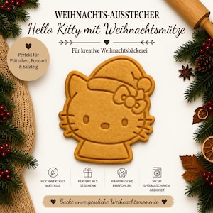 Könnte beinhalten: Ein beigefarbener Hello Kitty Ausstecher, der das Gesicht mit Weihnachtsmütze und Schleife zeigt. Der Text lautet WEIHNACHTS-AUSSTECHER, Hello Kitty mit Weihnachtsmütze, FÜR kreative Weihnachtsbäckerei, HOCHWERTIGES MATERIAL, PERFEKT ALS GESCHENK, HANDWÄSCHE EMPFOHLEN, NICHT SPÜLMASCHINEN-GEEIGNET, Backe unvergessliche Weihnachtsmomente.