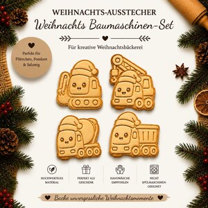 Könnte beinhalten: Ein Set aus vier hellbraunen Ausstechformen in Form von Baumaschinen, darunter ein Bagger, ein Kran, ein Betonmischer und ein Kipper, jeweils mit Weihnachtsmütze. Der Text lautet WEIHNACHTS-AUSSTECHER, Weihnachts Baumaschinen-Set und weitere Hinweise.