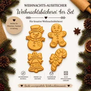 Könnte beinhalten: Ein Set aus vier hellbraunen Ausstechformen in den Motiven Schneemann, Lebkuchenmann, Glocke mit Schleife und Zuckerstange. Der Text lautet WEIHNACHTS-AUSSTECHER, Weihnachtsbäckerei 4er Set, Für kreative Weihnachtsbäckerei und Backe unvergessliche Weihnachtsmomente.