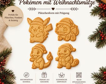 Pokémon Weihnachts-Keksausstecher Set – Pikachu, Bisasam, Glumanda & Schiggy – Plätzchen Ausstechformen mit Prägung