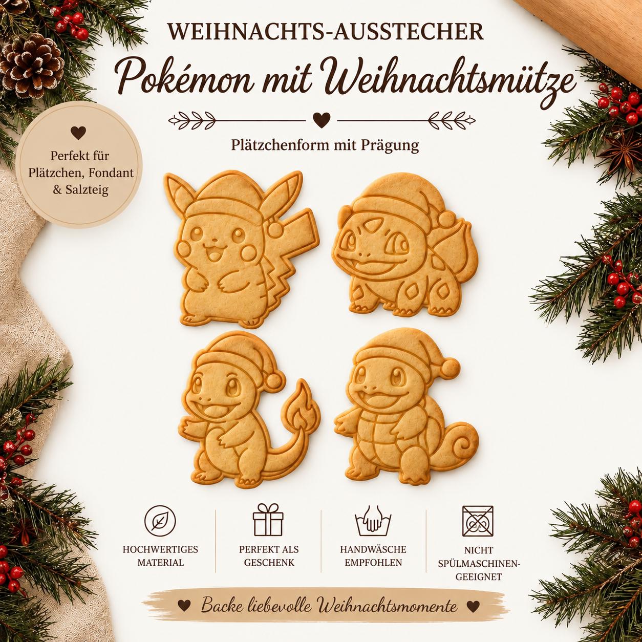 Weihnachts-Keksausstecher Set – Pikachu, Bisasam, Glumanda & Schiggy – Plätzchen Ausstechformen mit Prägung