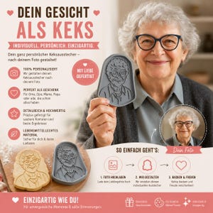 Könnte beinhalten: Ein grauer, individuell gestalteter Keksausstecher mit dem Linienporträt einer Person mit Kurzhaarschnitt und Brille. Das Produkt wird neben einem gebackenen Keks mit demselben Porträt gezeigt, begleitet von erklärendem Text auf Deutsch.