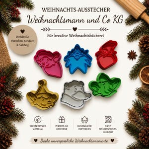 Könnte beinhalten: Ein Set aus sechs Kunststoff-Ausstechformen in verschiedenen Motiven wie Weihnachtsmann, Bär und Elf, in den Farben Rot, Blau, Gold, Silber und Grün. Das Bild enthält deutschen Text wie WEIHNACHTS-AUSSTECHER und Weihnachtsmann und Co KG.