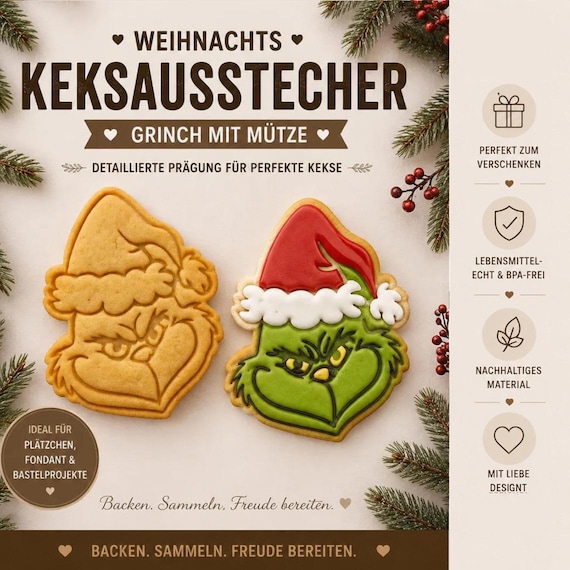 Grinch Keksausstecher | Lustige Weihnachts Ausstechform | Keksstempel mit Prägung | Backform für Weihnachten | Geschenk für Grinch-Fans