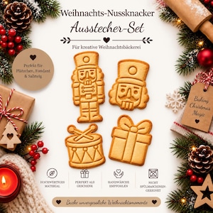Könnte beinhalten: Ein Set aus vier Ausstechformen mit einem Nussknacker, einem Nussknacker-Kopf, einer Trommel mit Stöcken und einem Geschenk. Das Bild enthält den Text: Weihnachts-Nussknacker Ausstecher-Set, Für kreative Weihnachtsbäckerei, Perfekt für Plätzchen, Fondant & Salzteig, Backe unvergessliche Weihnachtsmomente.