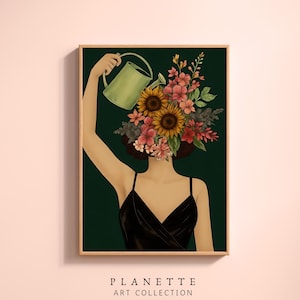 Floral Head Lady Poster, Surreal Botanical Woman Wall Art, Modern Whimsical Print, Digital Download, Planette Art Collection
