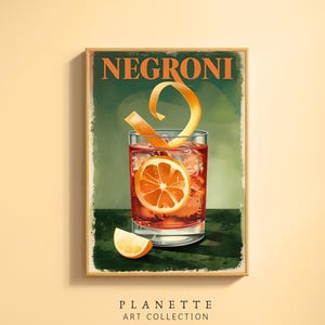 Negroni Cocktail Art, Retro Bar Wall Print, Orange Drink Kitchen Decor, Cocktail Poster, Digital Download, Planette Art Collection