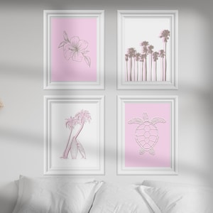 May include: Four framed prints with pink backgrounds and white line drawings of a flower, palm trees, a turtle, and palm trees. The frames are white.