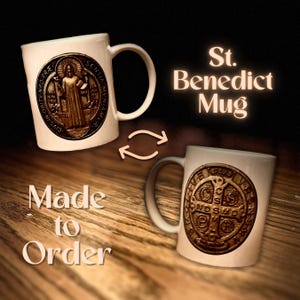St. Benedict Medal Double-sided Design Mug - 11 to 15.6oz Catholic mug - Made to Order by Emily (NOT from POD site as other listing)