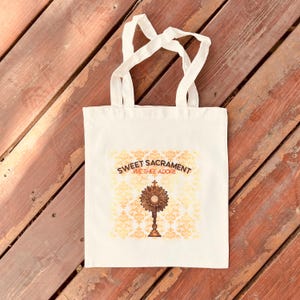 Sweet Sacrament We Thee Adore - Adoration tote bag with exclusive monstrance design - Great gift for Catholic adult! Approx. 11&quot;w x 13&quot;h