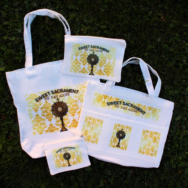 Sweet Sacrament We Thee Adore - Adoration Bags - Totes and small zipper pouches - Great Catholic gift for holding books, devotionals, Rosary