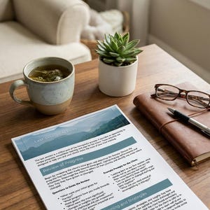 Op de afbeelding: Een stilleven met een mok thee, een kleine vetplant in een pot, een leren notitieboek en een pen op een houten tafel. Een gedrukt document met de titel "Last Session Activity" is ook aanwezig.