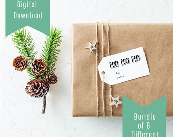 Printable Holiday Gift Tags, Set of 8 Different Designs, Instant Digital Download