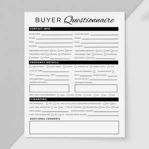 Real Estate Buyer Questionnaire, Real Estate Marketing, Survey Buyer Questionnaire, Realtor Buyer Questionnaire, PDF, EDITABLE, Canva