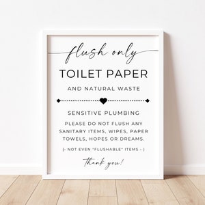 Flush Only Toilet Paper & Natural Waste Sign, Sensitive Plumbing, No Sanitary Products, Vacation Rental, Elegant Design, Editable, Canva